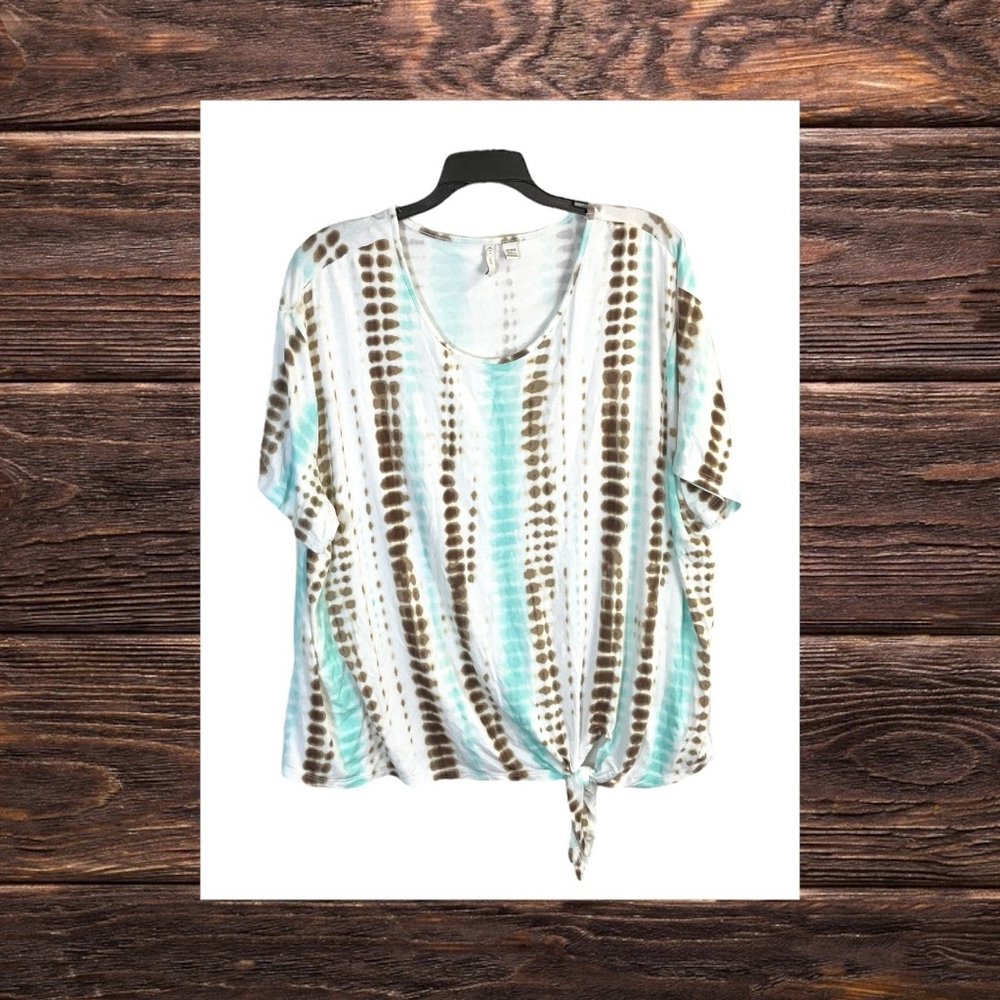 Cato Est 1946 White w Brown/Turquoise Blots Tie Front Shirt Women 18/20W - Picture 4 of 4